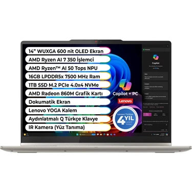 Lenovo Yoga 7 Amd Ryzen 7 350 Cpu LPDDR5X 7500MHZ 16GB 1tb M2 SSD Copilot + Amd Ryzen Aı 50 Tops