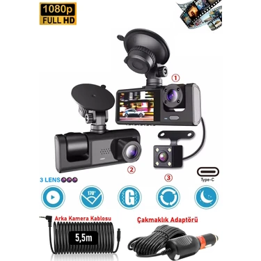 Ventus Mpia CC33 1080P Full Hd Araç Içi Kamera Ön Arka ve Iç Kayıt 3 Kamera Gece Görüşlü G Sensör
