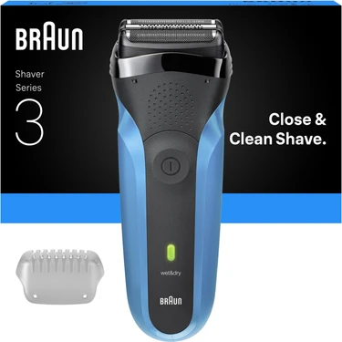 Braun Series 3 Elektrikli Tıraş Makinesi Mavi Renk, 3 Başlık ile Islak ve Kuru Kullanım