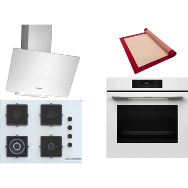 Bosch Beyaz 3 Lü Ankastre Set 359 ( HJG852YW0T - POH7C2P30O - DWK64PJ20T  ) 67CM Wok Bek Ocak - 3D