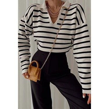 My Love Butik Polo Yaka Çizgili Triko Kazak Krem Kadın Casual Stil Uzun Kol Regular