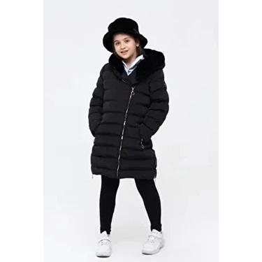 Benitto Kids Kız Çocuk Siyah Kaban Polyester Malzemeden Uzun Kollu Kapüşonlu Günlük Kullanım