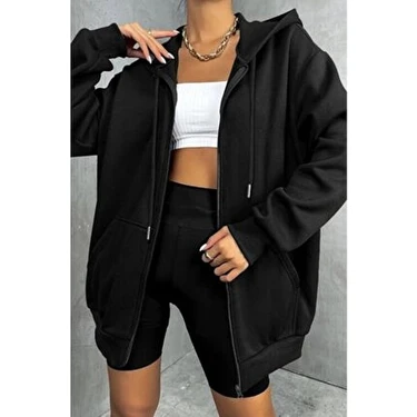 Pandy Kapüşonlu Fermuarlı Oversize Mevsimlik Sweatshirt Siyah Unisex Rahat Tasarım Çift