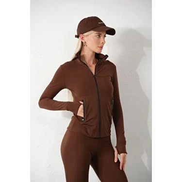 Kahverengi Domoda Water Proof Uzun Kol Running Ceketi Kadın İçin Çift Cepli Örme