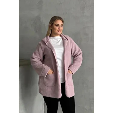 Stil Diva 97-14 Kadın Büyük Beden Kapüşonlu Uzun Kollu Peluş Ceket Yumuşak Dokulu