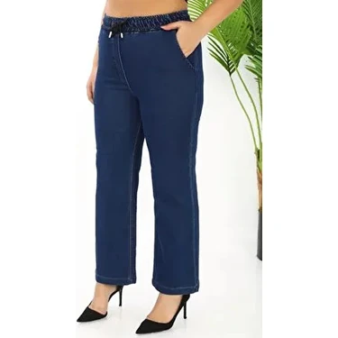 Gül Moda Beli Lastikli Bol Paça Kadın Kot Pantolon Likralı Pamuklu Lacivert G115-1 Günlük