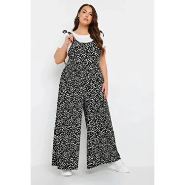 Stil Diva Büyük Beden Çiçek Desenli Maxi Tulum 137986 Kolsuz Bol Paça Dokuma Askıları