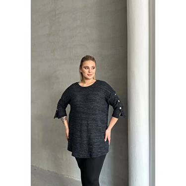 Stil Diva Büyük Beden Kadın Yarım Kollu Bisiklet Yaka Düğme Detaylı Kırçıllı