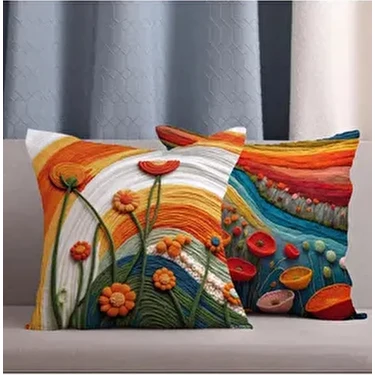 2 Li Kombin Renklii Bohemian Desen 3 Boyutlu Dijital Baskılı Kırlent