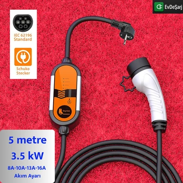 Feyree 5 Metre Ev Prizi Elektrikli Araç Şarj Cihazı - 3.5 Kw - Tip 2 - Taşınabilir Şarj