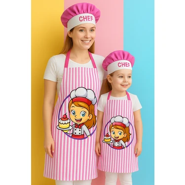 Ays Home Pembe Dijital Baskılı Mutfak Önlüğü Seti 2 Parça Kumaş Özellikli Çocuk ve Anne