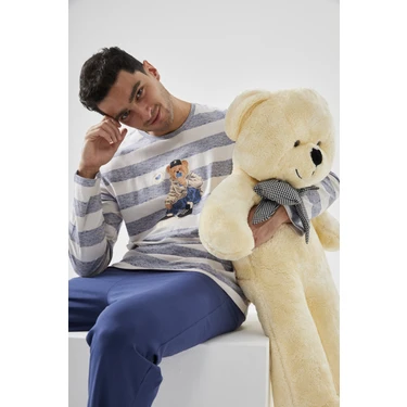 Erkek Pamuklu Uzun Kollu Üst Ayıcık Baskılı Pijama