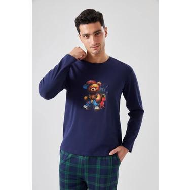 Erkek Pamuklu Ayıcık Baskılı Ekoseli Cepli Pijama