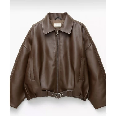 Kadın Oversize Bomber Suni Deri Ceket | Yeni Sezon Kemerli Biker