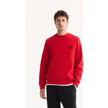 AVVA Erkek Kırmızı Bisiklet Yaka Pamuklu Bi-Stretch Basic Regular Fit Sweatshirt