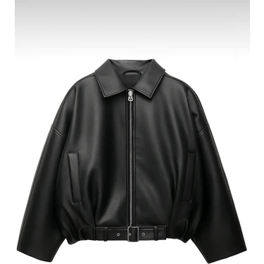 Kadın Oversize Bomber Suni Deri Ceket | Yeni Sezon Kemerli Biker