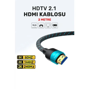 Ultra Yüksek Hızlı 8k HDMI 2.1 Örgü Kablo, 4K 144hz HDMI Örgü Kablosu 2 Metre Hdtv