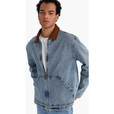 DeFacto Relax Fit Kontrast Yaka Düğmeli Denim Ceket