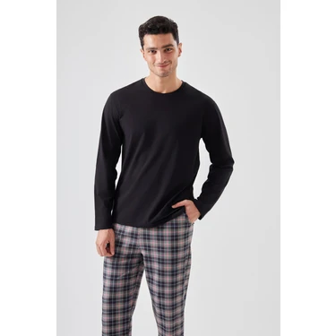 Erkek Pamuklu Uzun Kollu Yamalı Ekose Desenli Pijama