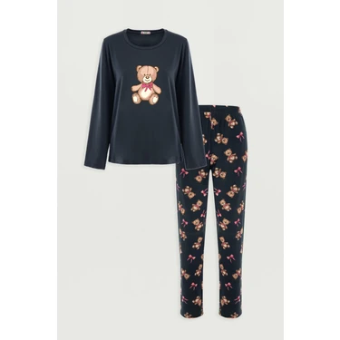 Koza İç Giyim Kadın Pamuklu Pijama Takımı Kahverengi Füme Ayıcıklı Sevimli