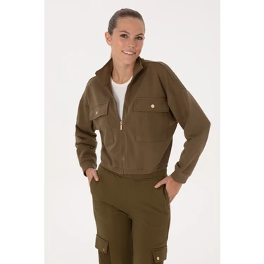 U.S. Polo Assn. Kadın Haki Fermuarlı Dik Yaka Sweatshirt