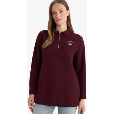 DeFacto Regular Fit Polo Yaka Nakışlı Yarım Fermuarlı Sweatshirt Tunik