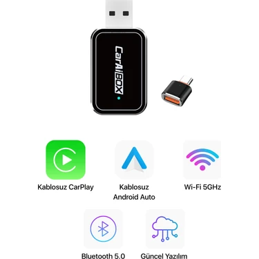 Metontech Mini Kablosuz CarPlay & Android Auto Dönüştürücü | 2in1 Multimedya Adaptörü | USB -