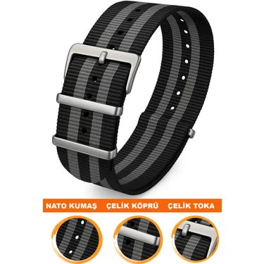 18MM-20MM-22MM-24MM Saatlerle Uyumlu Nato Kumaş Tekstil Saat Kordonu Kayışı