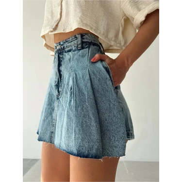 Kadın Mavi Renk Şort Etek Denim Etek Mini Etek Kot