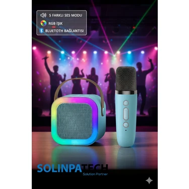 Solinpatech Karaoke TEK Mikrofonlu Kablosuz Bluetooth RGB Işıklı 5 Ses Efektli Hd Stereo Ses Usb/Sd