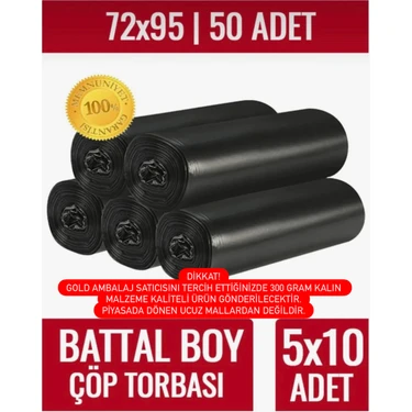 Gold Ambalaj Battal Boy Çöp Torbası 5'li (5x10 50 Adet) Battal Boy Çöp Torbası Yırtılmaz Taşınma