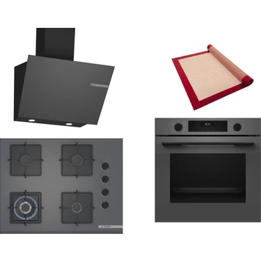 Bosch Gri 3 Lü Ankastre Set 421 ( HUA717BN0T - POH7C9P30O - DWK66PJ70T  ) 67CM Wok Bek Ocak - Buhar
