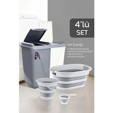 Meleni Home 4'lü Katlanır Çamaşır Sepeti Seti - 90 Lt Kirli Çamaşır Sepeti - Katlanır Sele - Su