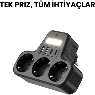 3’lü Duvar Tipi Akım Korumalı Priz | 2 Usb-A + 2 Type-C Girişli | LED Gece Lambalı Akıllı Çoklu