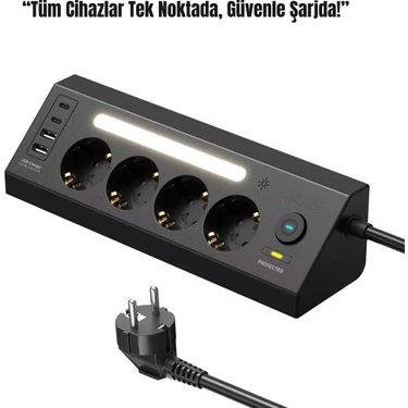 Akım Korumalı 4’lü Priz | 2 Usb-C + 2 Usb-A Çıkış | LED Işıklı Güç Ünitesi | 2 Metre Kablo – Hızlı