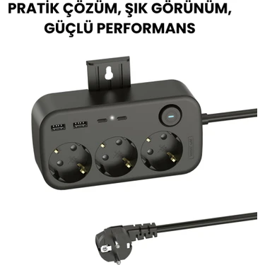 3’lü Akım Korumalı Priz | 2 USB + 2 Type-C Girişli | Anahtarlı ve Duvara Monte Edilebilir Uzatma