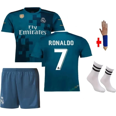 Cristiano Ronaldo Real Madrid Turkuaz 2018 Şampiyonlar Ligi Çocuk Forma Takımı 4 Parça Forma Şort