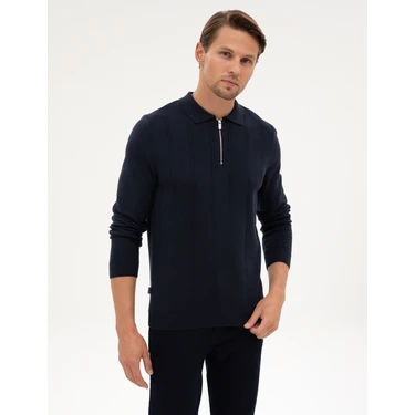Pierre Cardin Erkek Lacivert Slim Fit Polo Yaka Fermuarlı Triko Kazak