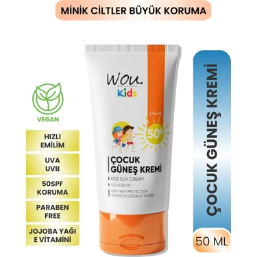 Wou Kids SPF50+ Çocuk Güneş Kremi 50 ml – Tüm Cilt Tiplerine Uygun, Suya Dayanıklı ve Dermatolojik