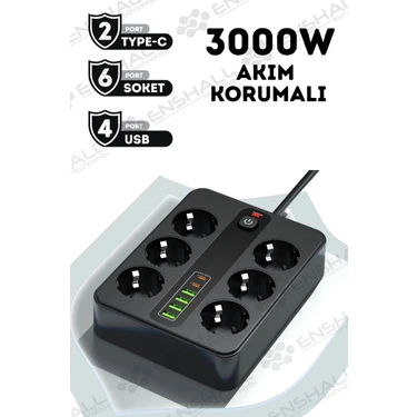 Enshall Pro P11 6x Priz 3000W Termal Akım Korumalı 4x USB 2x Type-C Girişli Çoklu