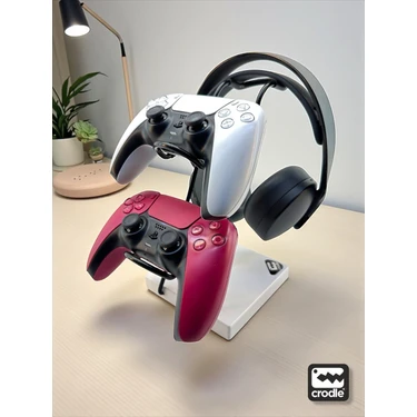 Crodle Beyaz Ahşap ve Siyah Metal Gaming Ps4 Ps5 Xbox Joystick Kontroller Tutucu ve Kulaklık Dikey