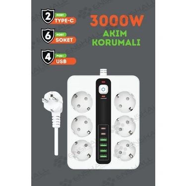 Enshall Pro P11 6x Priz 3000W Termal Akım Korumalı 4x USB 2x Type-C Girişli Çoklu