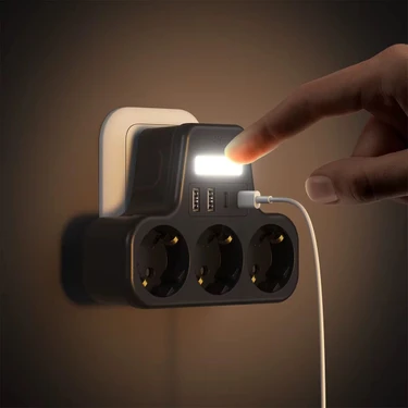 Çoklu Gece Lambalı Priz Yüksek Gerilim Korumalı 3'lü Priz 2x USB 2x Type-C Çıkışlı Grup Priz