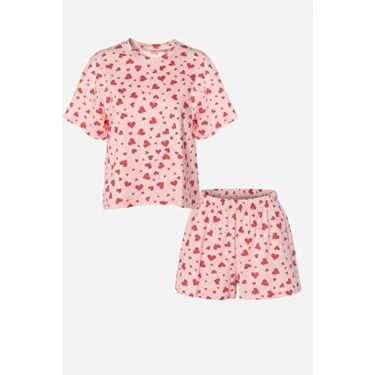 Koza İç Giyim Kadın Kırmızı Kalpli Kısa Kollu Pamuklu Pijama Takımı Basic Desenli Şortlu Rahat