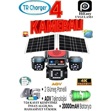 TR Charger 4 Kameralı E-Sım Güneş Enerjili Güvenlik Kamerası – Çift Güneş Paneli, Sım Kartlı Aov