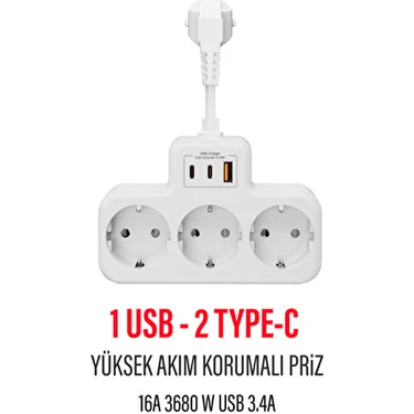 Exenar Çoklu Kablolu Priz 1 USB 2 Type-C Girişli Yüksek Akım Korumalı Fiş Beyaz 3 Priz