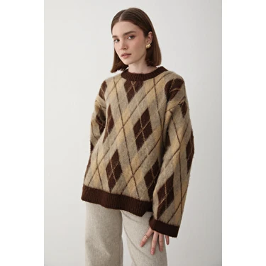Jaste  Kadın Oversize Argyle Desenli Triko Kazak