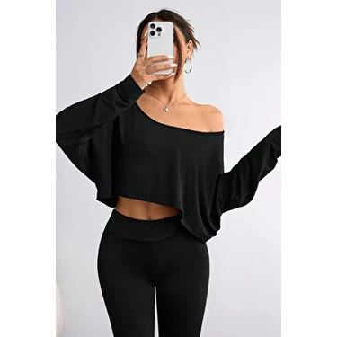 Tarz Cool Siyah Kadın Oversize Uzun Kollu Crop T-Shirt Kayık Yaka Pamuklu Düşük