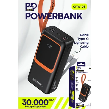 7go Gpw-08 30000MAH PD22.5W Hızlı Şarj Powerbank | 4 USB Çıkışlı, Dahili Type-C & Lightning