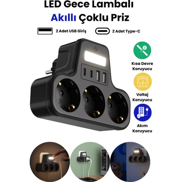 Akım Korumalı Priz Gece Lambalı 3'lü Priz 2xusb 2xtype-C Çıkışlı Grup Priz